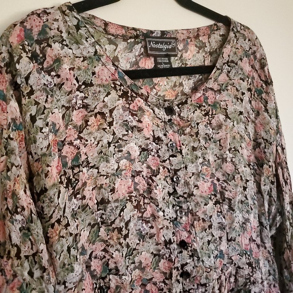Vintage 90's sheer button up ruffle floral top L